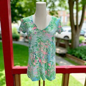 Lilly Pulitzer Etta V Neck‎ Palm Beach Print Tee Shirt Multicolor Resort XXS